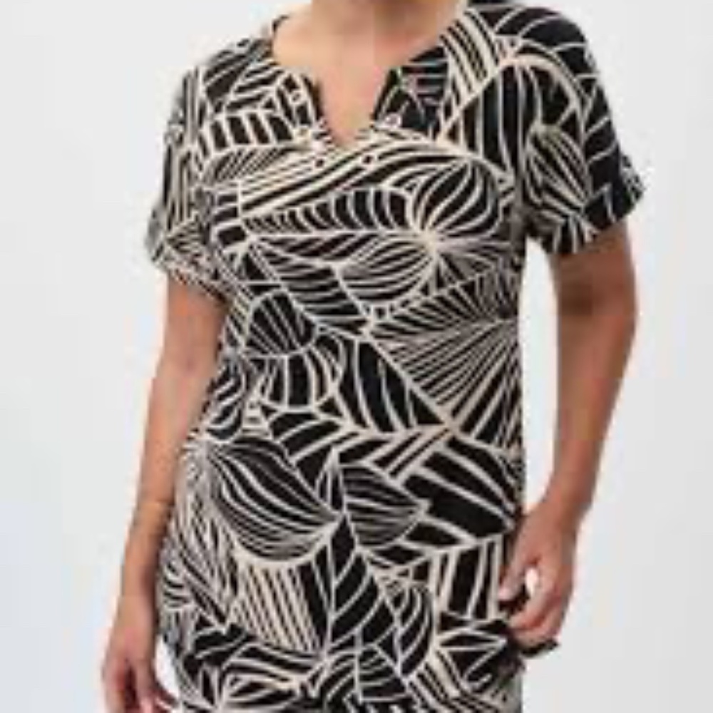 Joseph Ribkoff gold leaf tunic top sz 8 vneck slinky stretch viscose rayon linen